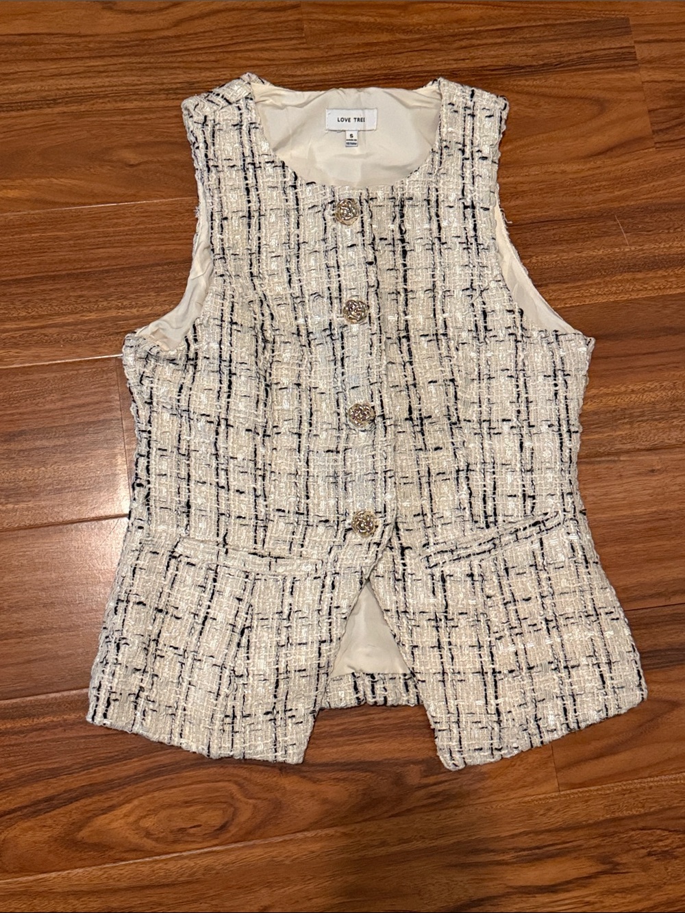 Love Tree Cream and Navy Tweed Button Vest